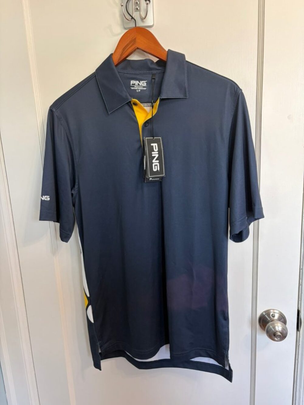 $70 PING Bodi Colour Block Golf Polo Mens S Shotgun Navy NWT Performance Green